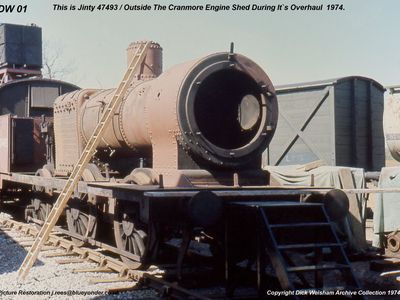 1974. Jinty 47493 outside the engine shed during restoration.